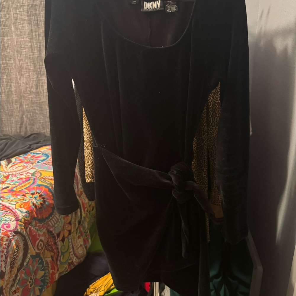 DKNY Black Velvet Dress with Gold Accents
